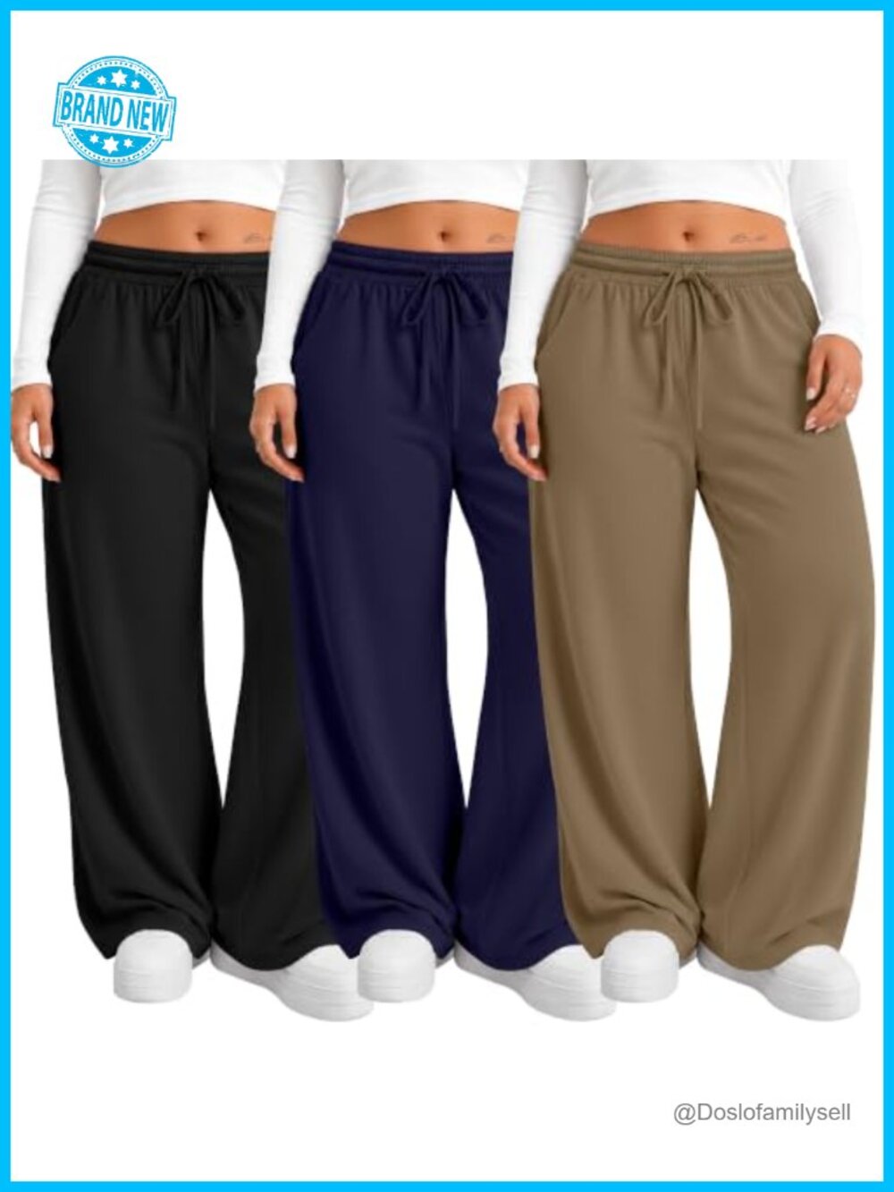 Plus Size Wide Leg Sweatpants with Pockets High Waist Drawstring 3 Pack
